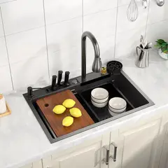 HALMAN - Lavaplatos Empotrado Cascada Negro Acero Inox 304 Kit Completo 68x45cm