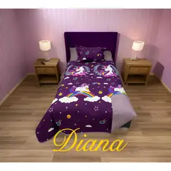 DIANA - CUBRECAMA QUILT DE VERANO 1.5 PLAZA INFANTIL MORADO UNICORNIO