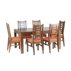 MUEBLES AMERICA - Comedor Nacional Rayenco 6 Sillas Color Nogal Tapiz Naranjo
