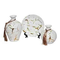 MSA MUEBLES SANTA ANA - Floreros y Plato Decorativo Blanco Dorado XL