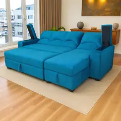 MUEBLERIA LATINA - SECCIONAL CAMA BAUL FUNCIONAL 2 PZ DECO FELPA TURQUEZA DERECHO