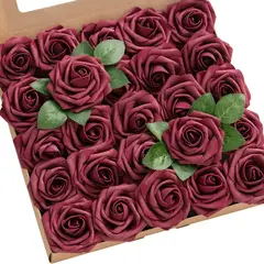 COREJOY - 25 Flores Artificiales Decoración y regalos de Rosa artificial-rojo