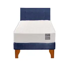 5 SUEÑO - Cama Europea 1 Plaza Luna + Respaldo Capitoné Madera Azul