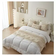 COMPRAPO - Set Piecera + 2 Fundas Crudo Natural Hippie Chic Lino Borlas King 2 Pzas