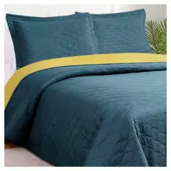 MASEL - Quilt Bicolor 2 plazas Petroleo-Amarillo 220x250