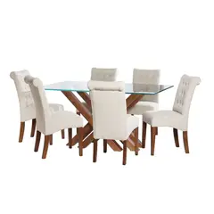 LATAM HOME - Juego de Comedor Merida Vidrio Templado y Lino Blanco