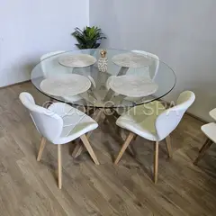 CORI CORI - Comedor Mesa Warwick 100cm + 4 Sillas Mariposa Ecocuero Wood Blanco