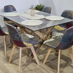 GENERICO - Comedor Medlock Vidrio 140x90 + 6 Sillas Patchwork Ecocuero