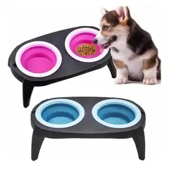 GENERICO - Plato Doble Plástico Plegable Para Mascotas Celeste