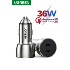UGREEN - Cargador Automóvil 2USB-C carga rápida Aluminio CD213
