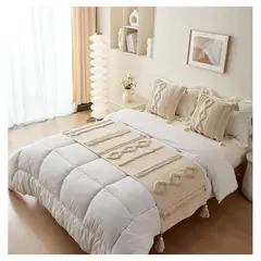COMPRAPO - Set Piecera + 2 Fundas Crudo Hippie Chic Lino Borlas King 2 Pzas