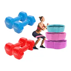 GENERICO - Pack Bandas Elásticas X3 + 2 Mancuernas De 4 Kg Fitness
