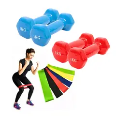 GENERICO - Pack Resistencia Bandas Elásticas X5 + 2 Mancuernas 1 Kg C/u