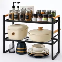 BAZUCA - Repisa Organizador Cocina Acero Madera 2 Niveles 54cm Negro Estilo Nórdico