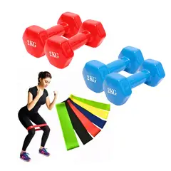 GENERICO - Pack Bandas Elásticas X5 + 2 Mancuernas 2 Kg C/u Resistencia
