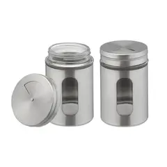 BAZUCA - Set 2 Salero Especieros Acero Inoxidable Con Dosificador Visor Tapa
