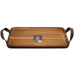 WAYU - Bandeja Acacia con Asas de Cuero 35x21cm Asado Quincho