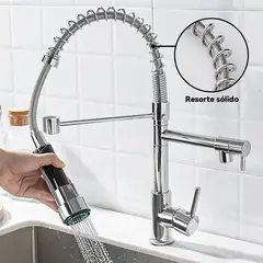 LEFORGE - LLave Cocina Giratoria Monomando Triple Lavaplatos Flexible Plateado