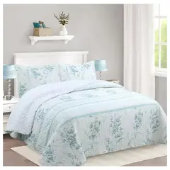 COMPRAPO - Cubrecama Quilt Sherpa 2 Plazas Mod. Flor Menta + 2 Fundas 50x70 Cm