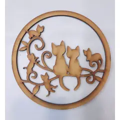 GENERICO - Familia de Gatos MDF color natural 15 cm diámetro.