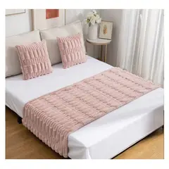 COMPRAPO - Set Piecera + 2 Fundas Cojín Tipo Piel Modelo Bambú Color Rosa Pastel