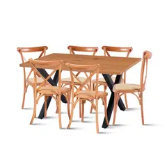 KLIK - Mesa Color Madera y Metal Cross 140x90 + 6 Sillas Crossback Madera Rattan Natural KLIK.