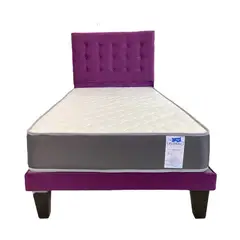 FLOBAL - CAMA 1 PLAZA ABOTONADA 90X190 CM + RESPALDO MORADO + COLCHON