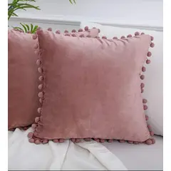 GENERICO - Funda De Cojines Con Pompones Medida 45x45 Terciopelo Rosado.