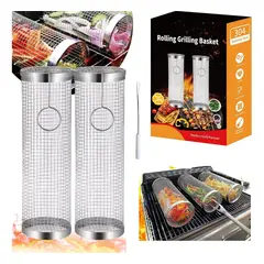 EVERSO - Barbacoa Cilíndrica Jaula Parrilla Acero Inoxidable Malla X2