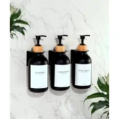GENERICO - Pack 3 Dispensadores Jabón Botellas 500ml Montaje Pared Bambú Negros