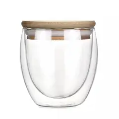 IMPORTCLICK - Vaso Mug Vidrio Doble Capa Con Tapa Bambú 260 ML