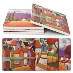 DANNY HOME - Set de 4 Posavasos de Porcelana (Diseño de Pueblo y Casas)