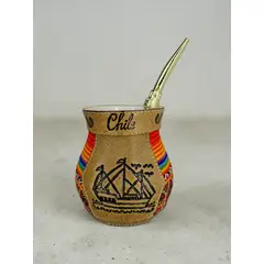 GENERICO - Mate Ceramica 120 ml Con Aguayo y Cuero Mediano Mas Bombilla