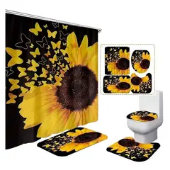 GENERICO - Cortina De Ducha + Set De Alfombra + Tapete Baño Girasoles