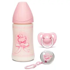 SUAVINEX - SET MAMADERA+BROCHE+CHUPETE 0-6M TOYS ROSA
