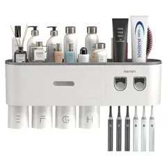 CRUSEC - Dispensador Pasta Dental Porta Cepillos De Pared 4 Tazas