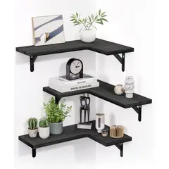 RAGNAR - Repisa Esquinera De Madera Flotante Tres Unidades Negra Modelo 11