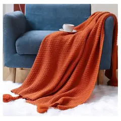 ALMA & DECO - Manta para Sofá o Piecera Blanket Mod Tejido y Borlas Terracota