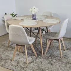 CORI CORI - Juego de Comedor Wood Redonda 100 cm + 4 Sillas Capitonne Velvet Beige