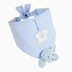 BILBOLA - Babero doble de tela celeste cuadrille con figura de oso