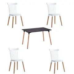 MOAD - Comedor 4P Windsor Mesa Rectangular Negra + Sillas windsor blancas