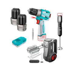 TOTAL TOOLS - Taladro Compacto + Minipimer + Batidora + 2 Bat 2ah 16v + Carg TOTAL.