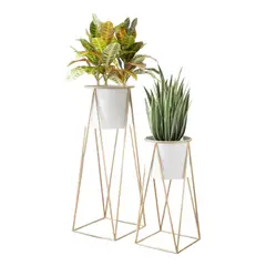 GENERICO - Set 2 Porta Maceteros Pedestal Maceta Plantas Blanco Dorados