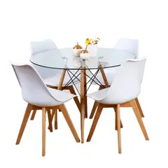 MOBOI - Comedor Mesa Eames Redonda De Vidrio 100cm Y 4 Sillas Tulip Blancas