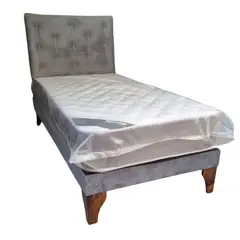 GENERICO - Cama Europea 1Plaza Respaldo Gris Felpa Colchón Resorte Bonnell