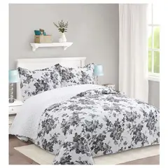 COMPRAPO - Cubrecama Quilt Juvenil Sherpa King Modelo Flower Gray + 2 Fundas