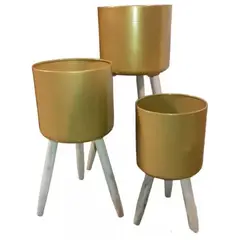 GENERICO - Set 3 Maceteros Dorado Metalico Patas Madera