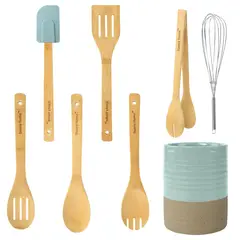 DANNY HOME - Set Utensilios de Cocina de Bambú con Soporte de Cerámica Azul 8pcs