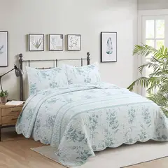 GENERICO - CUBRECAMA DE VERANO QUILT DISEÑO BLANCO FLOR VERDE KING FY