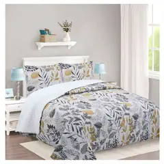 COMPRAPO - Cubrecama Quilt Sherpa 2 Plazas Modelo Hojas Mostaza + 2 Fundas